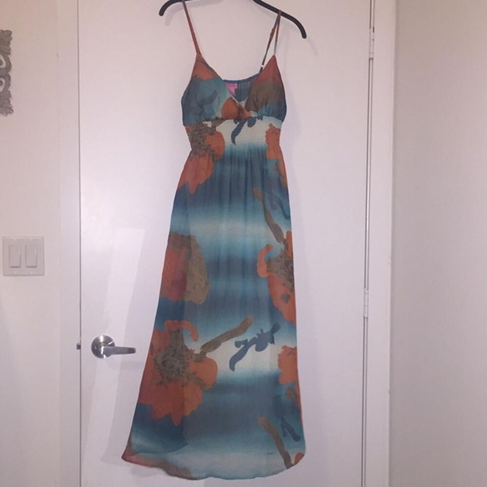 Vintage Shes Cool Y2K Abstract Floral Maxi Dress Sheer Overlay Blue Orange Flaw